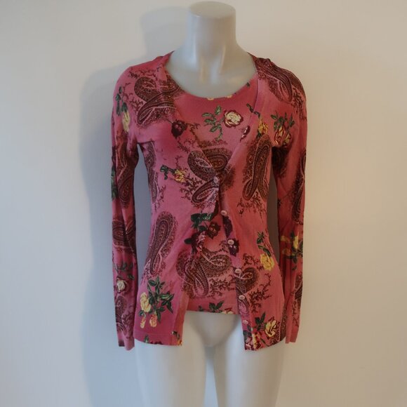 Womens Escada Pink Red Paisley Yellow Floral 2 Pc Set Cardigan Sweater 34 US/XS - Picture 1 of 11